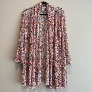 Multiples Colorful Patterned Open Front Mesh Cardigan Artsy Flare Sleeves 1X